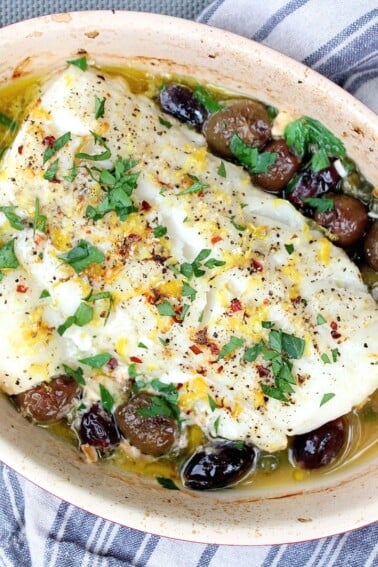Roasted Cod with Olives, Capers, and Lemon