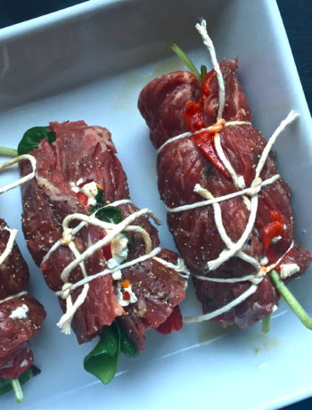 Roasted Red Pepper + Goat Cheese Skirt Steak Roll Ups