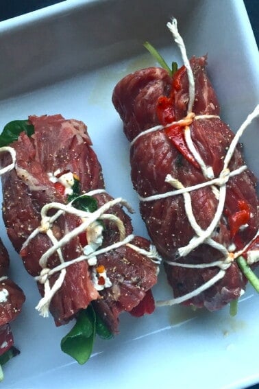 Roasted Red Pepper + Goat Cheese Skirt Steak Roll Ups