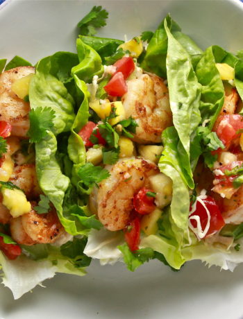 shrimp lettuce cup tacos with pineapple pico and chipotle lime coleslaw