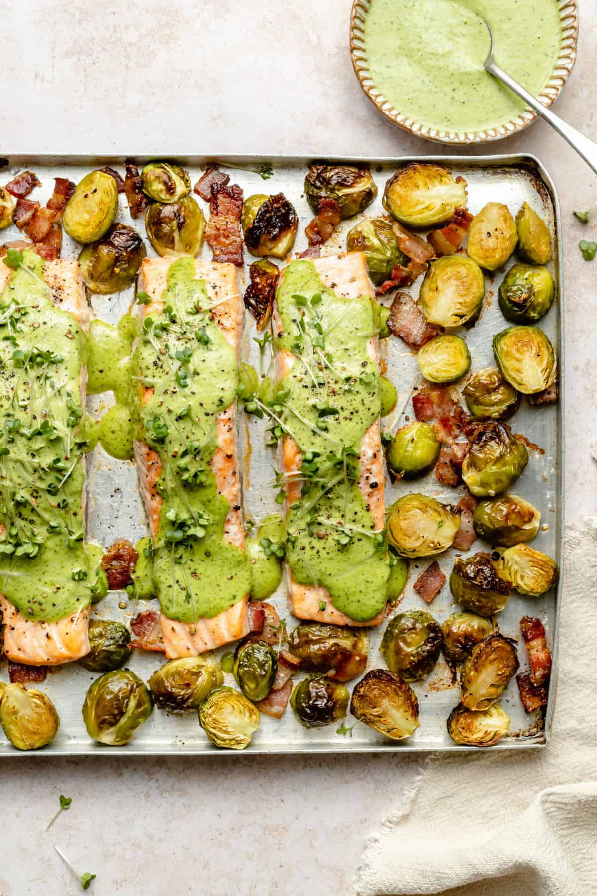 Sheet Pan Green Goddess Salmon with Bacony Brussels Sprouts