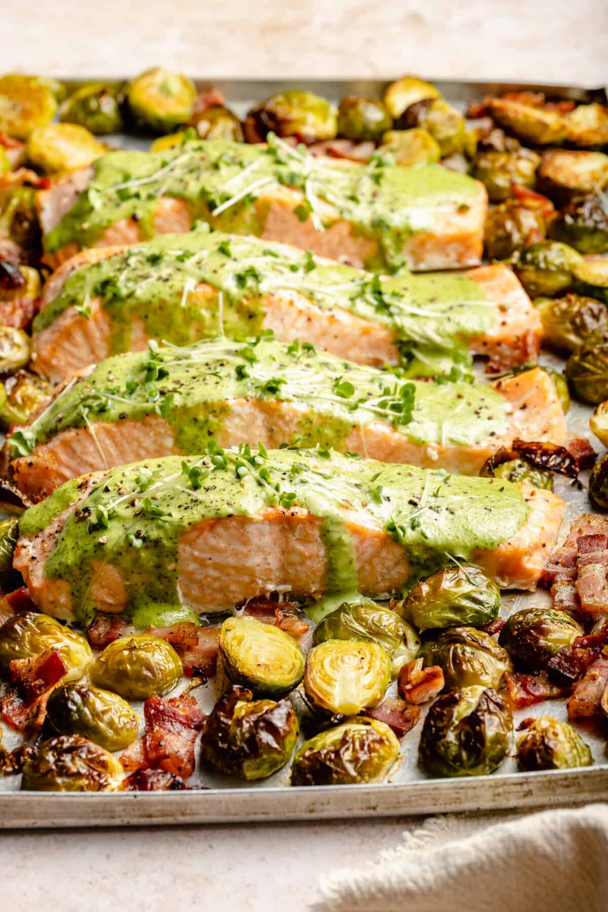 Sheet Pan Salmon And Brussels Sprouts Salad