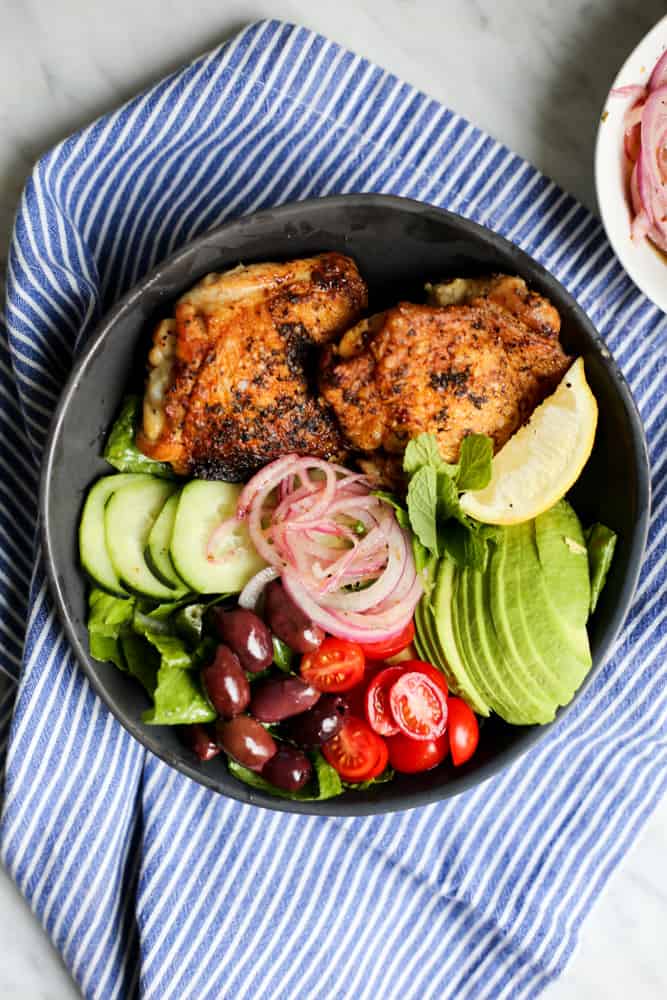 Deconstructed Greek Salad with Pan-Roasted Chicken Thighs