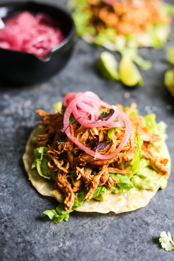 easy rotisserie chicken tostadas with quick pickled onions