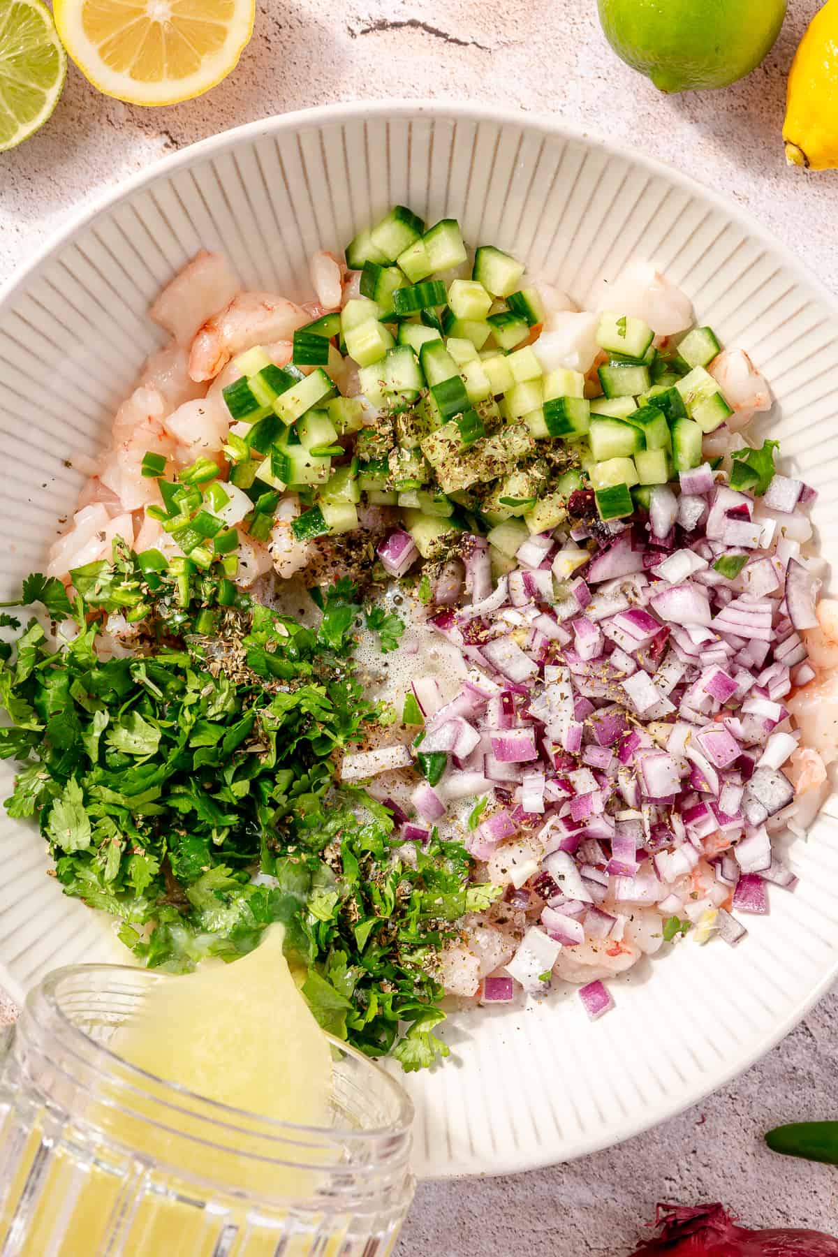 Shrimp Ceviche ingredients in large bowl before it is mixed.