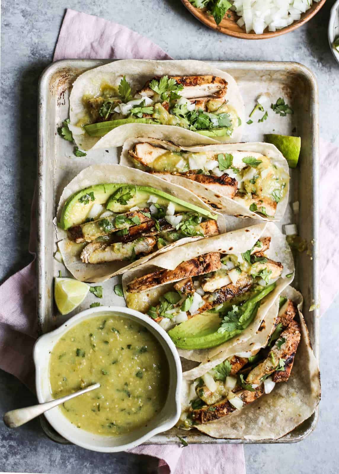 Grilled Chili Chicken Tacos with Tomatillo Salsa