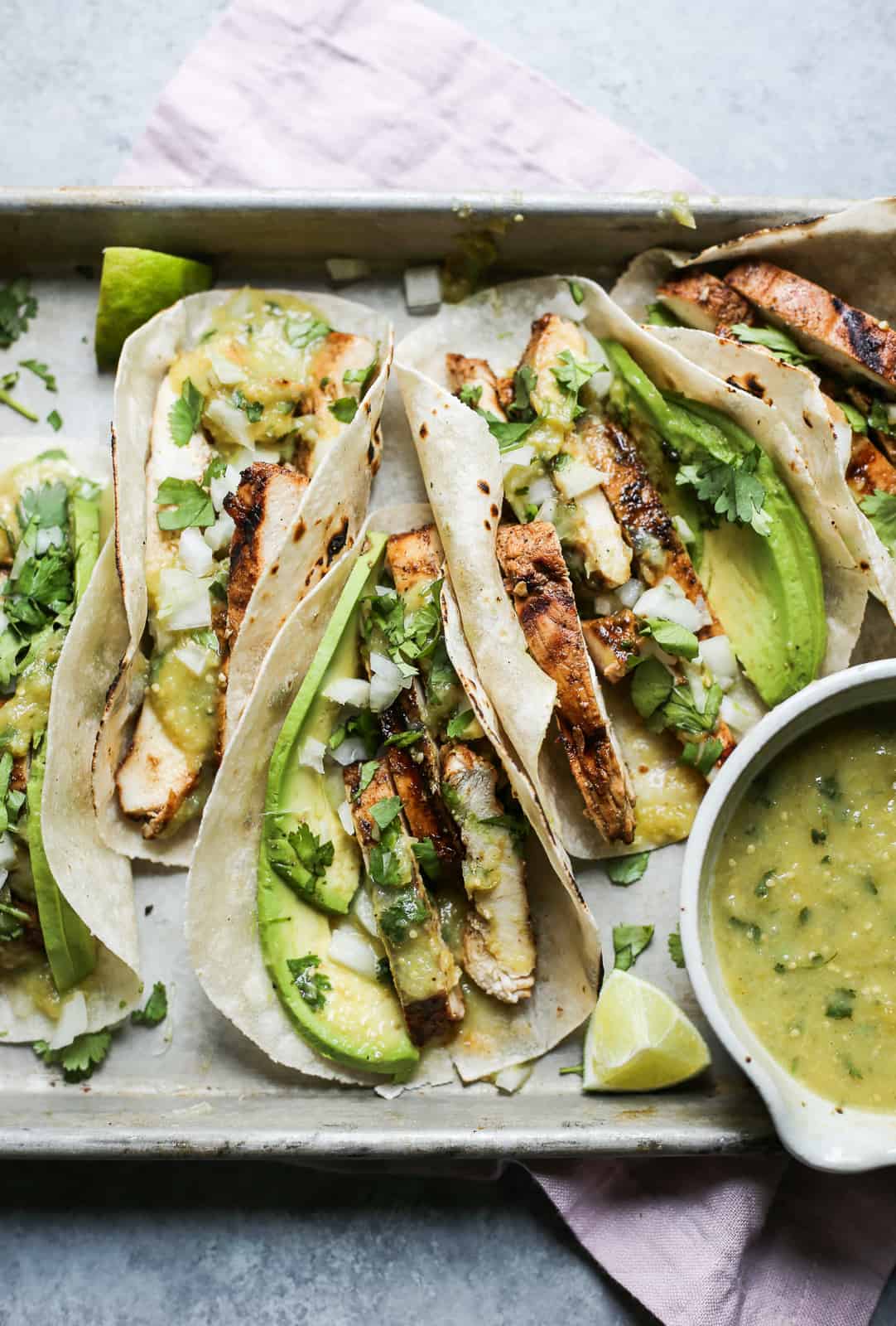 grilled chili chicken tacos with tomatillo salsa