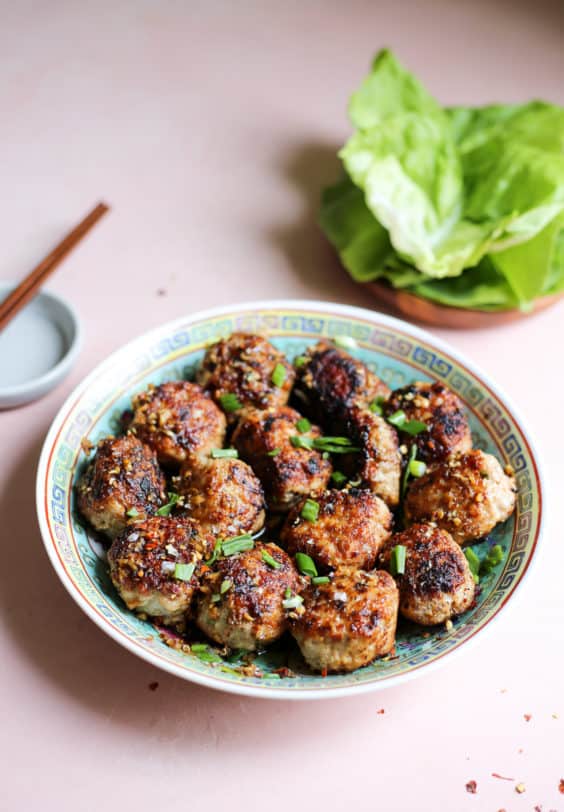 sichuan-inspired wonton meatballs in chili oil