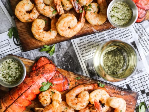 Cedar Plank Lobster and Shrimp with Garlic-Herb Butter