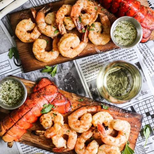 Cedar Plank Lobster and Shrimp with Garlic-Herb Butter