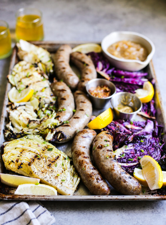 Beer Bratwursts with Onions and Grilled Cabbage