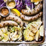 Beer Bratwursts with Onions and Grilled Cabbage