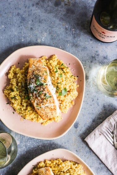 Israeli Couscous Milanese with Seared Halibut