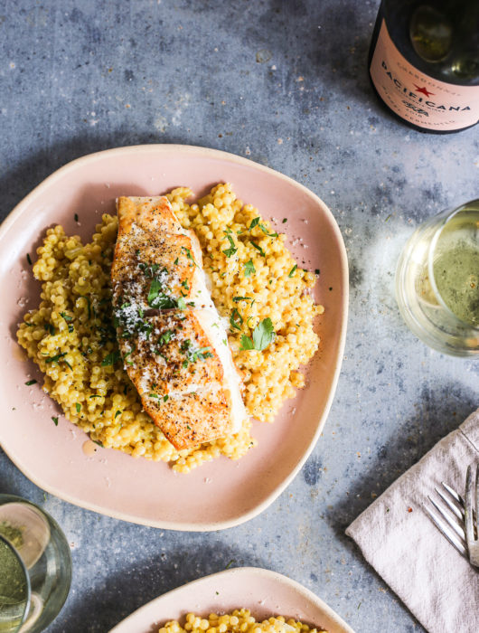Israeli Couscous Milanese with Seared Halibut