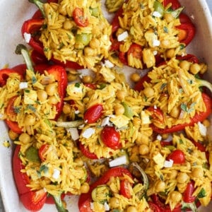 Mediterranean Orzo and Chickpea Stuffed Bell Peppers