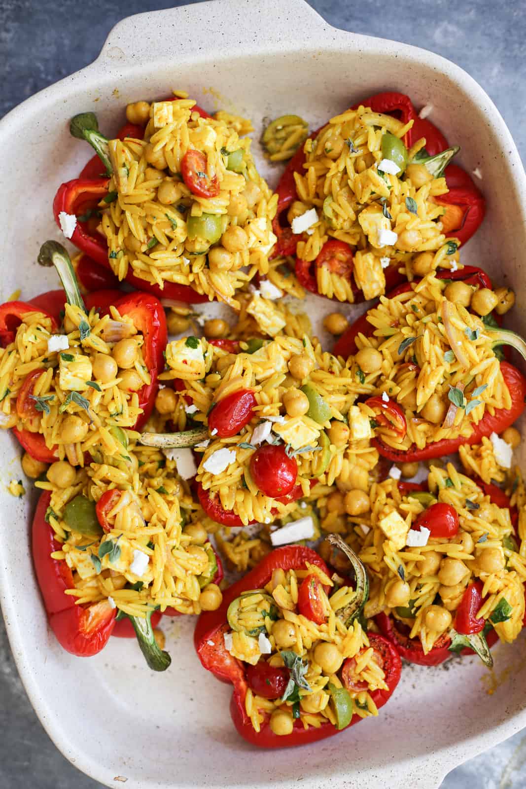 Mediterranean Orzo and Chickpea Stuffed Bell Peppers