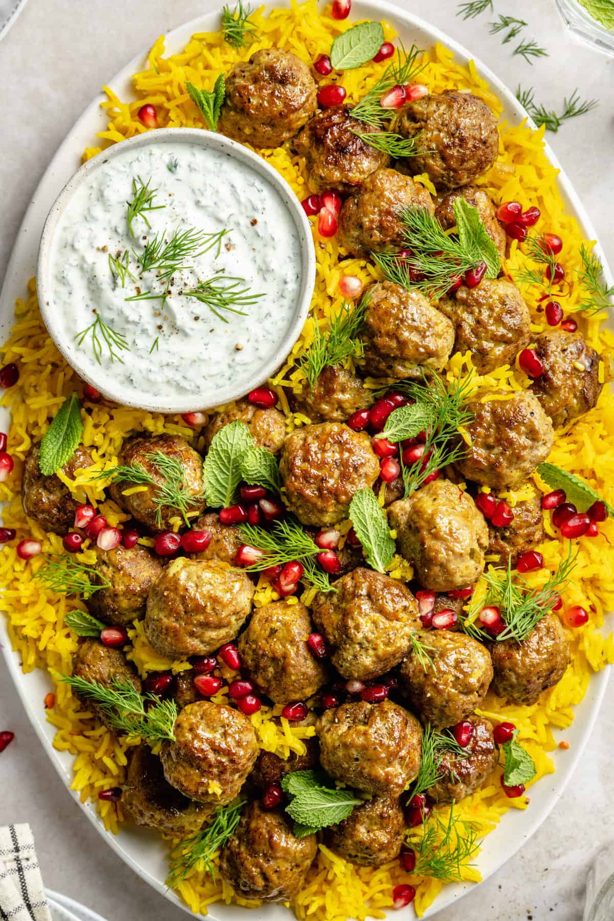 One-Pan Lamb Meatballs and Saffron Rice with Herby-Yogurt Sauce