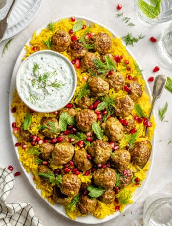 One-Pan Lamb Meatballs and Saffron Rice with Herby-Yogurt Sauce