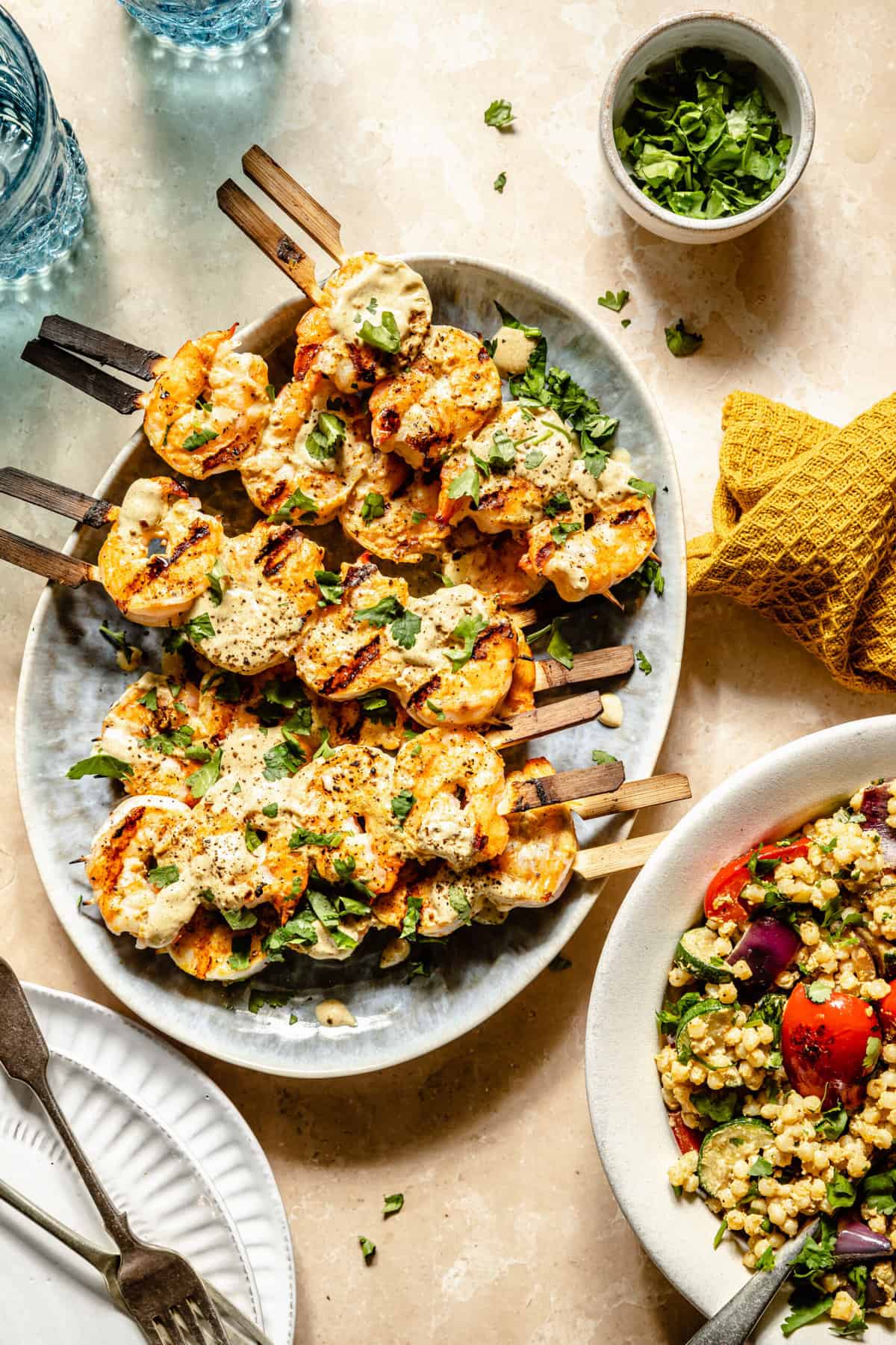 Spicy Curried Shrimp Skewers with Grilled Veggie Couscous
