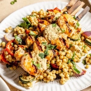 Spicy Curried Shrimp Skewers and Grilled Veggie Couscous