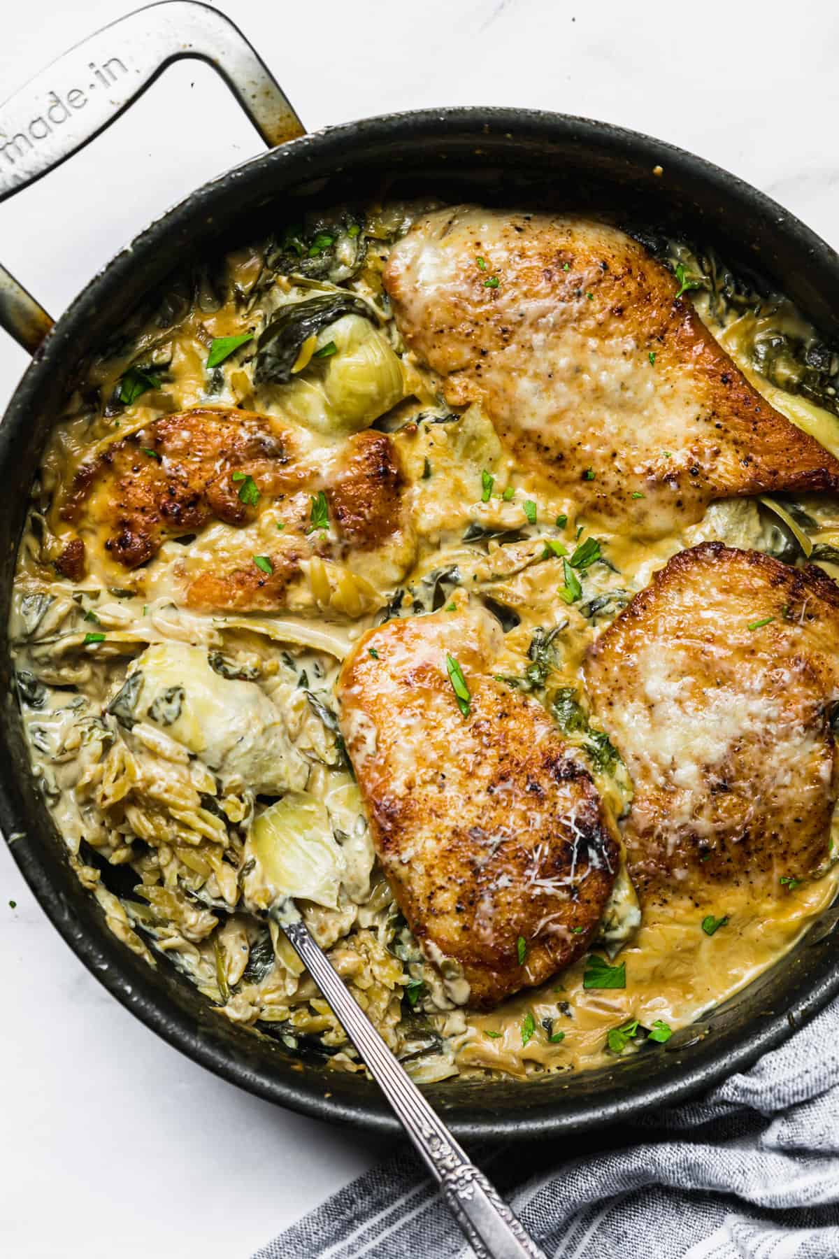 Spinach, Artichoke, and Chicken Orzo Skillet