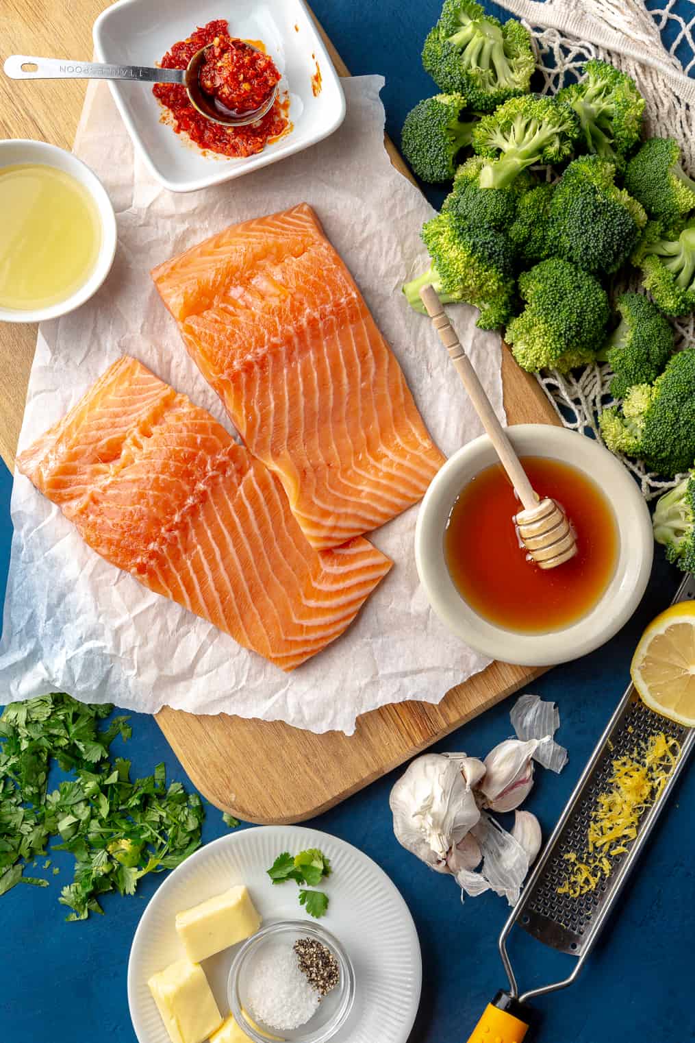 Sheet Pan Salmon + Broccoli with Harissa-Honey-Butter Drizzle