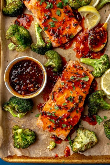 Sheet Pan Salmon + Broccoli with Harissa-Honey-Butter Drizzle