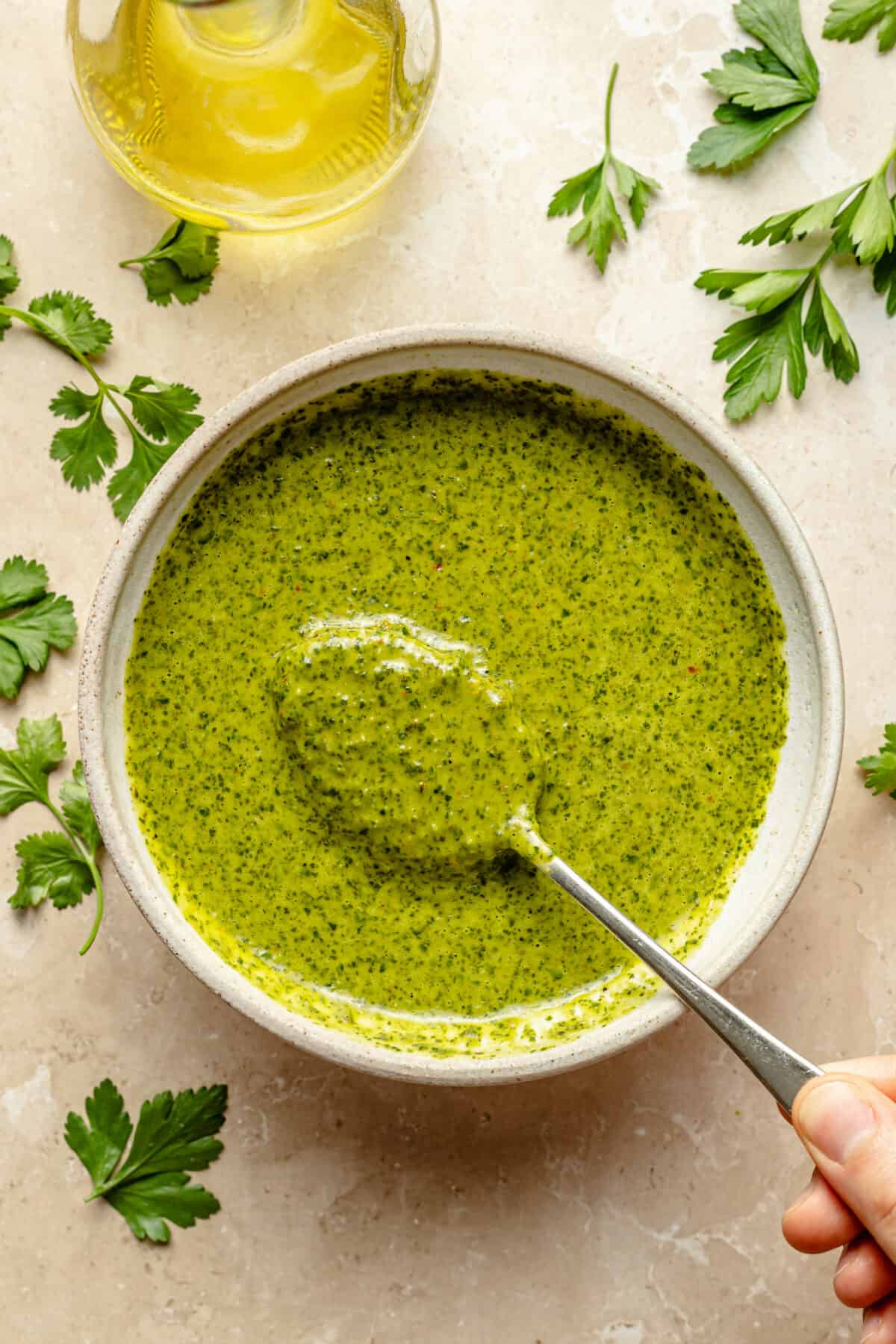 Bowl of Chimichurri Dressing on neutral background that has scattered cilantro on it.