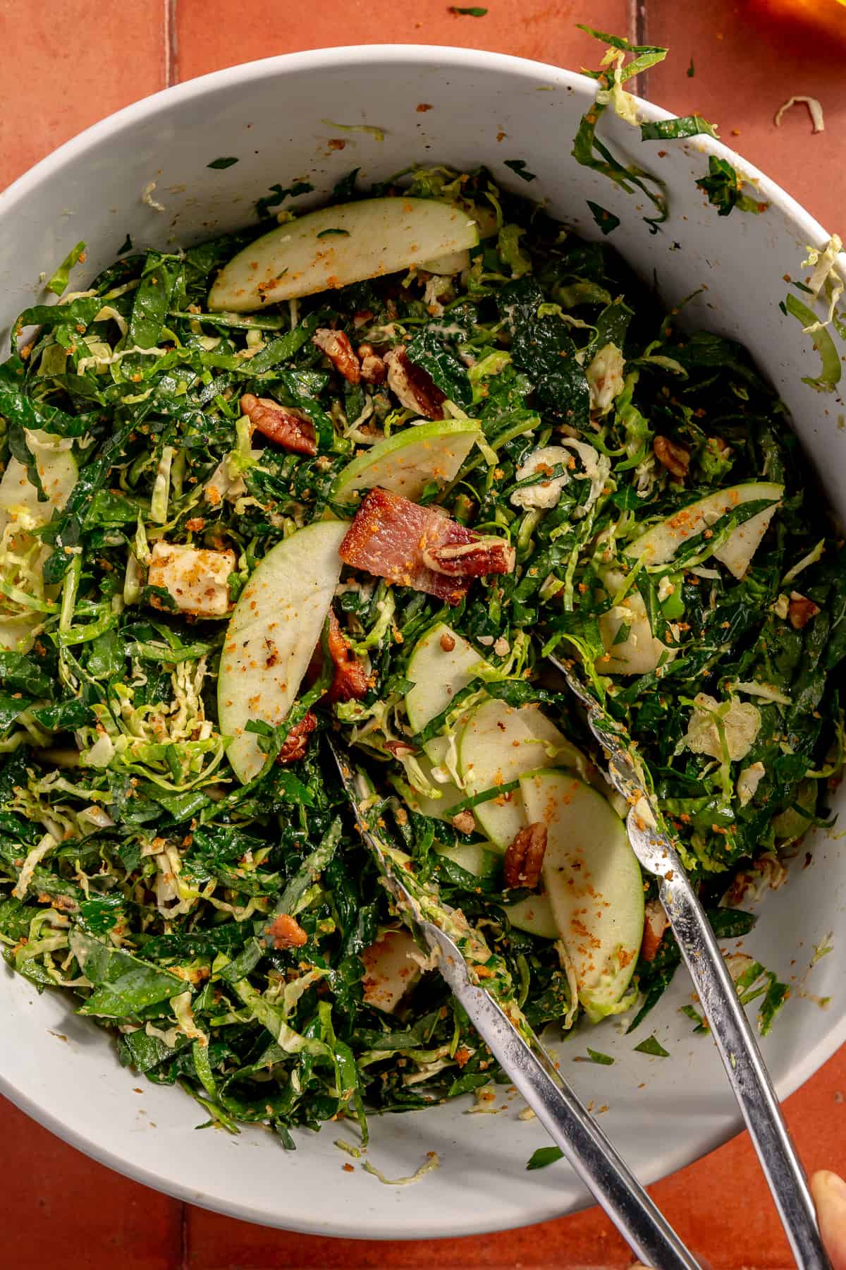 Bacon Brussels Crunch Salad tossed in large bowl.