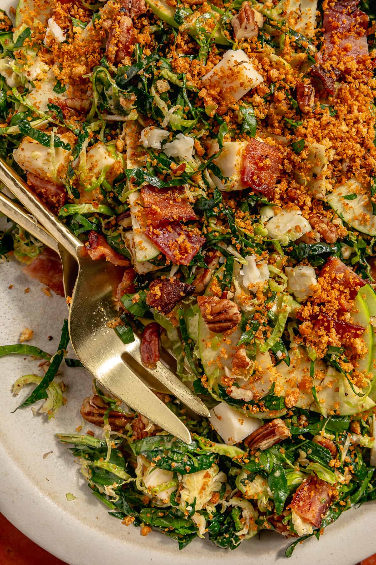 Close up of Bacon Brussels Crunch Salad on platter.