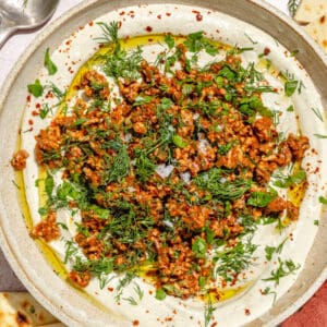 Spicy Lamb and Eggplant Labneh in a low bowl. Pita scattered around.