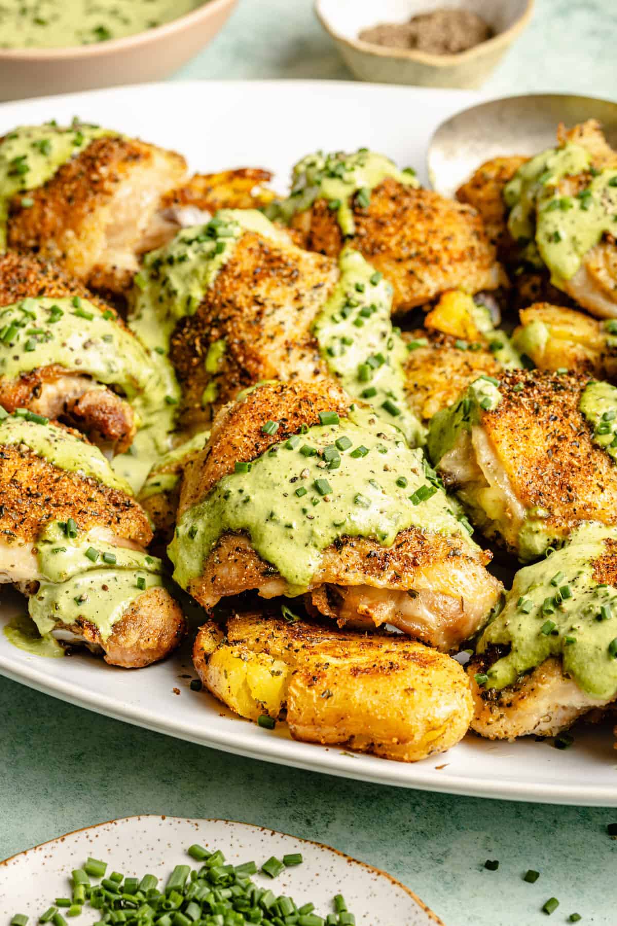 Herby Chicken Thighs with Smashed Chive and Onion Potatoes