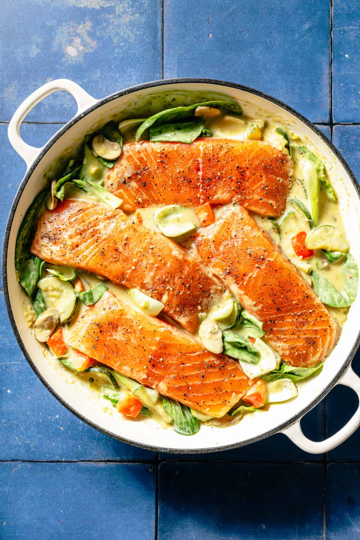 Thai-Inspired Coconut Green Curry Salmon before salmon is cooked.