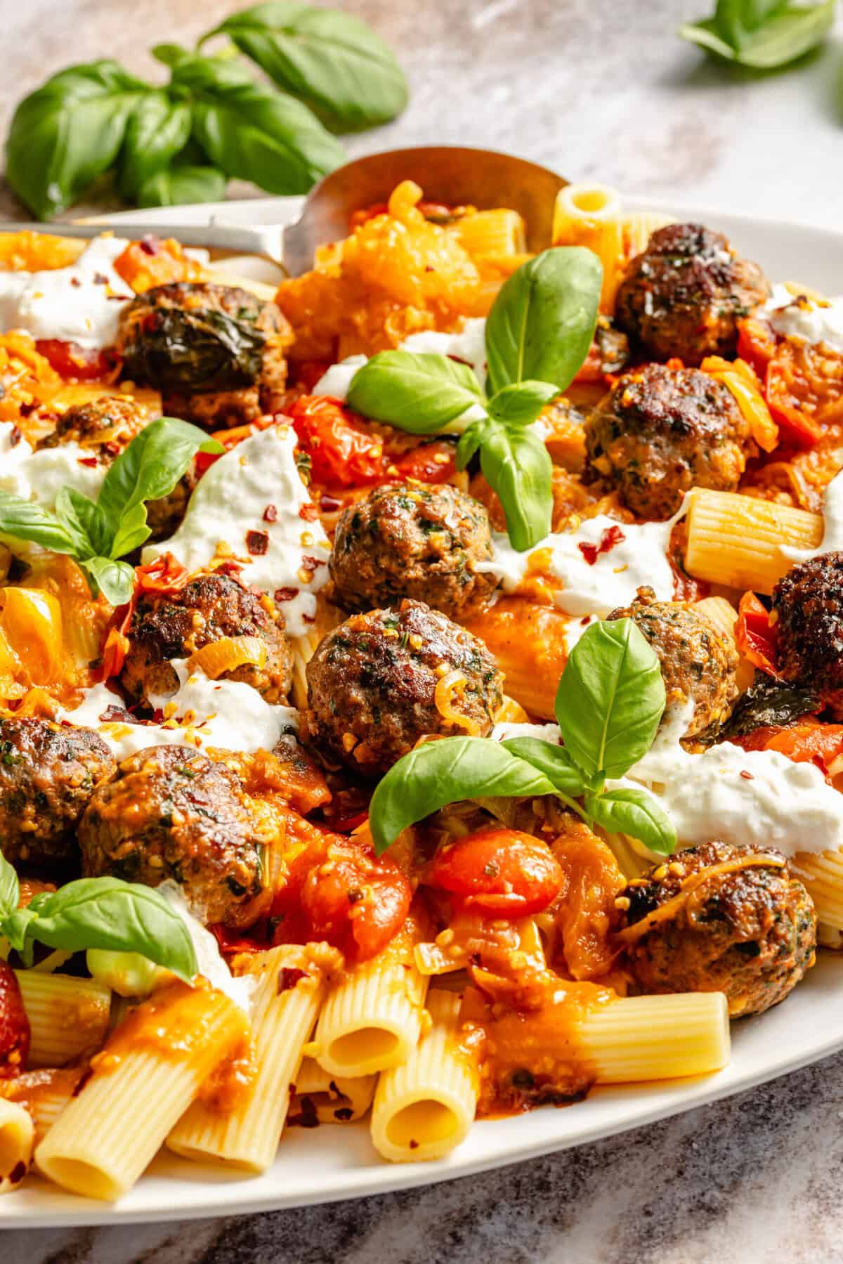 Meatballs with Basil and Burst Tomatoes