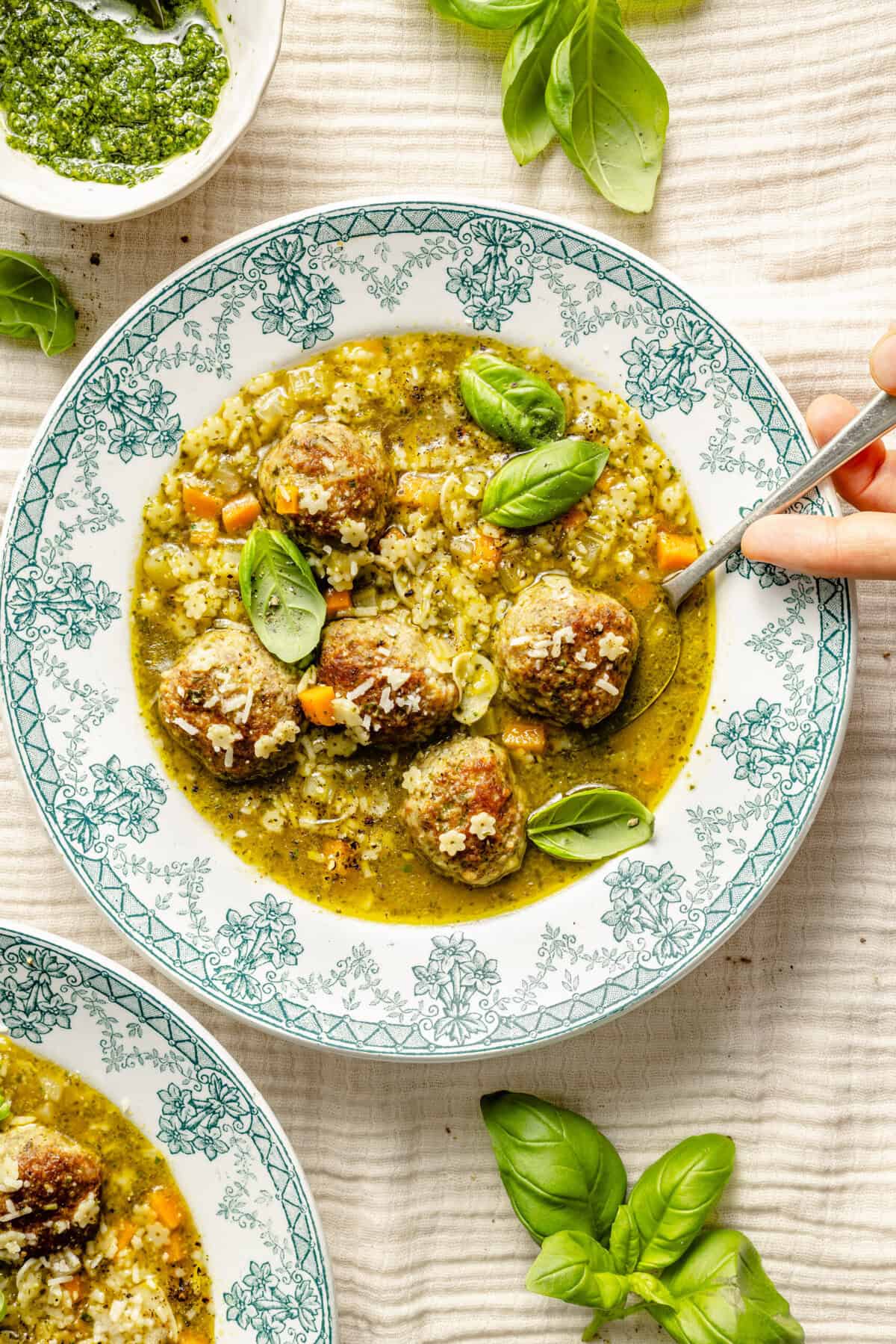 Pesto Meatball and Pastina Soup