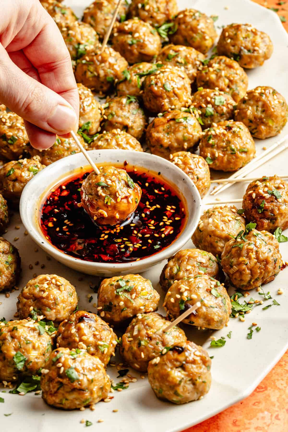 Chicken and Scallion "Dumpling" Meatballs with Chili-Sesame Drizzle