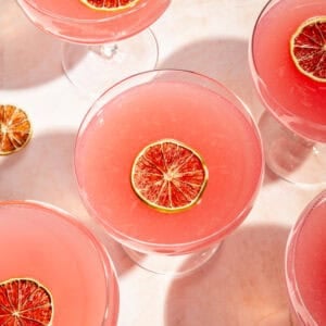 a series of batched cosmopolitan cocktails in coupe glasses with dried citrus rounds