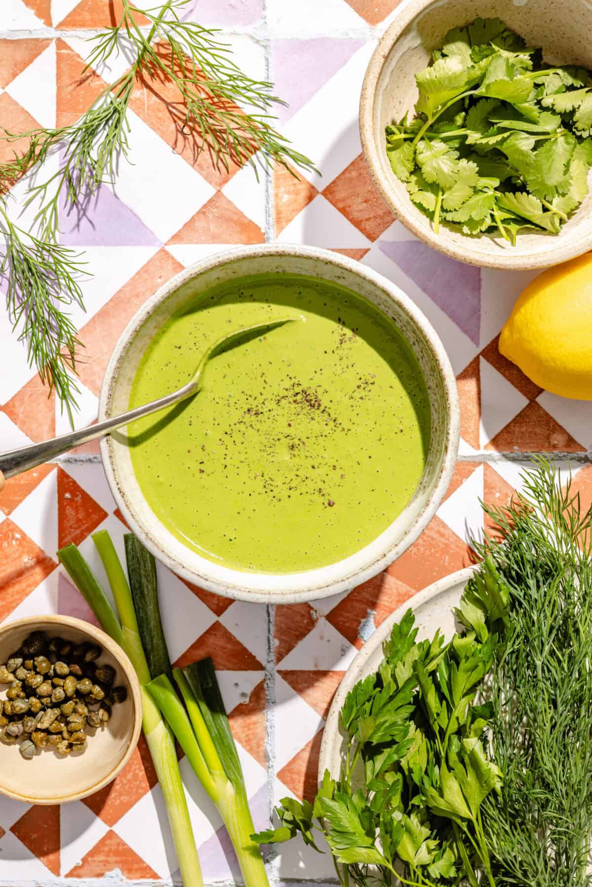 a bowl of homemade green goddess dressing