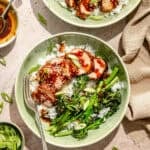 bowls of glazed and grilled pork tenderloin over rice with broccoli