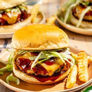 up-close shot of jalapeño cheddar turkey burgers on a plate with french fries