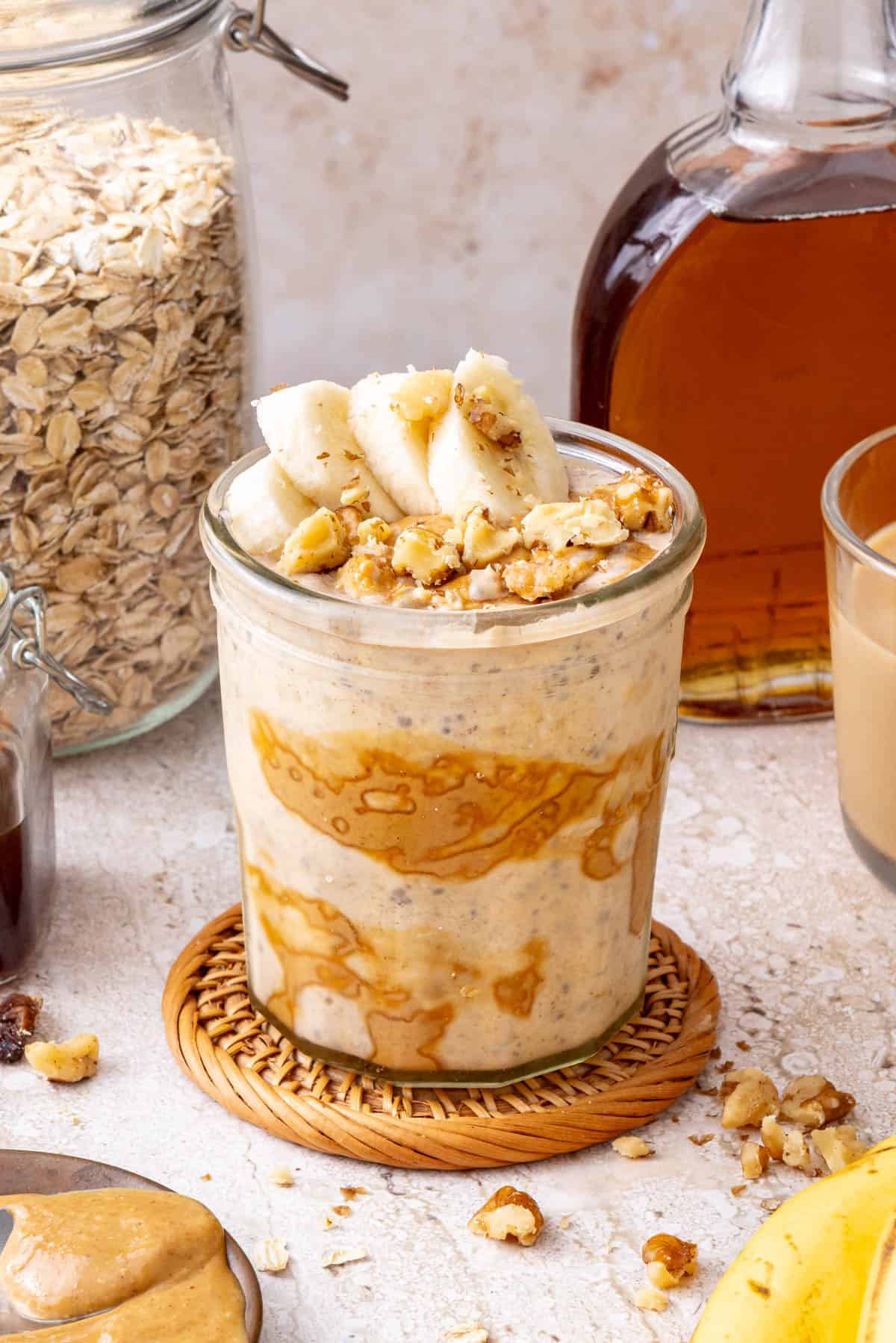 Banana overnight oats in jar.