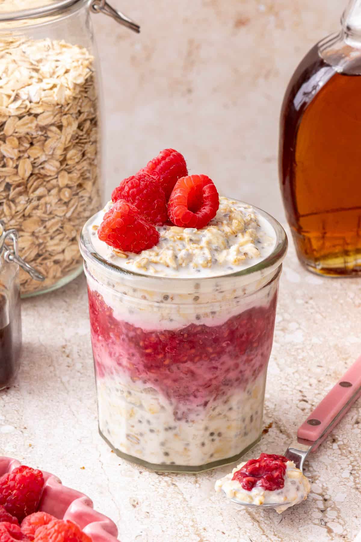 Raspberry Chia overnight oats in jar.