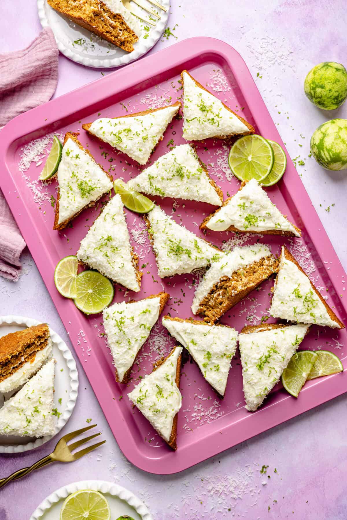 Copycat Starbucks Coconut Lime Bars on pink tray.