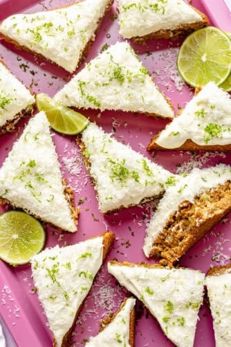 Copycat Starbucks Coconut Lime Bars on pink tray.