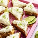 Copycat Starbucks Coconut Lime Bars on pink tray.