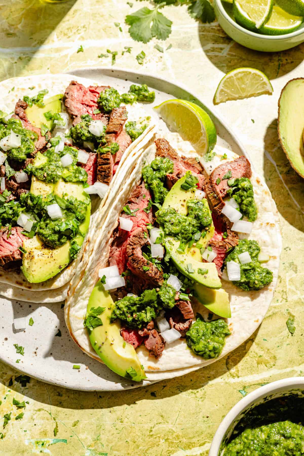 Flap Steak Tacos with Jalapeño Chimichurri on plate.