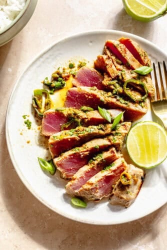 Grilled Ahi Tuna with Ponzu-Lime Marinade sliced on plate.