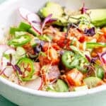 Close up of Hawaiian-Inspired Spicy Tuna Poke in bowl.