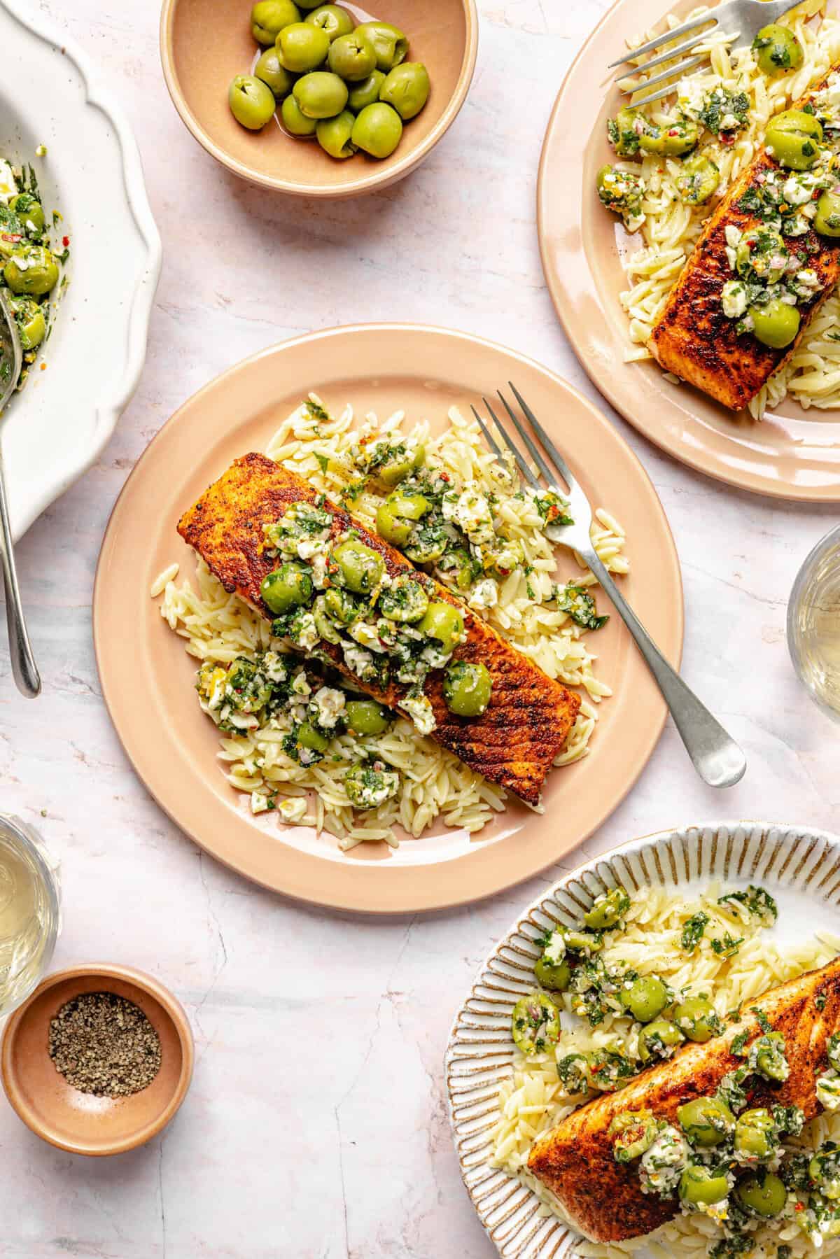 Pan-Seared Salmon with Castelvetrano Olive and Feta Salsa