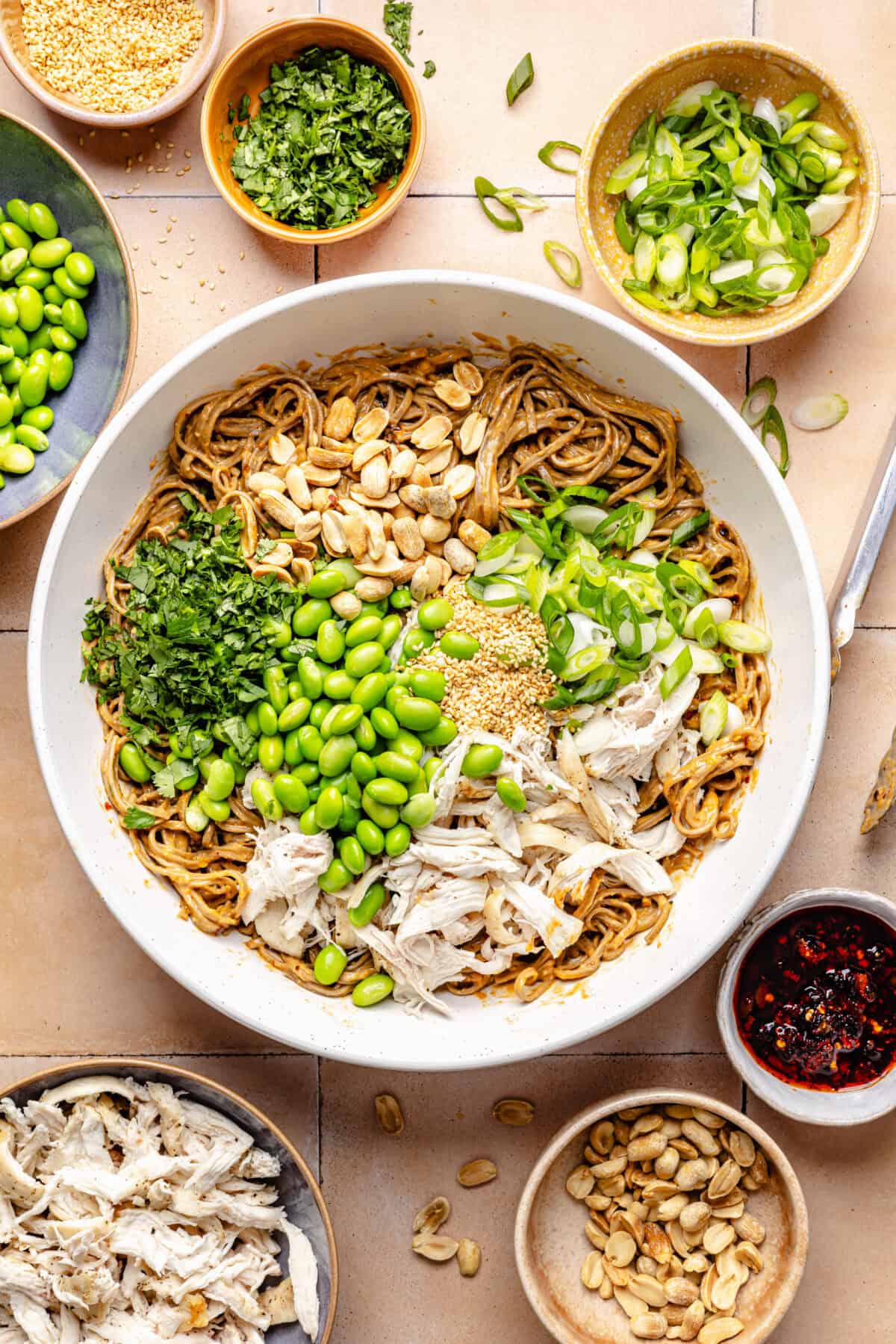 Peanut Chili Crunch Noodles ingredients in bowl before mixing.